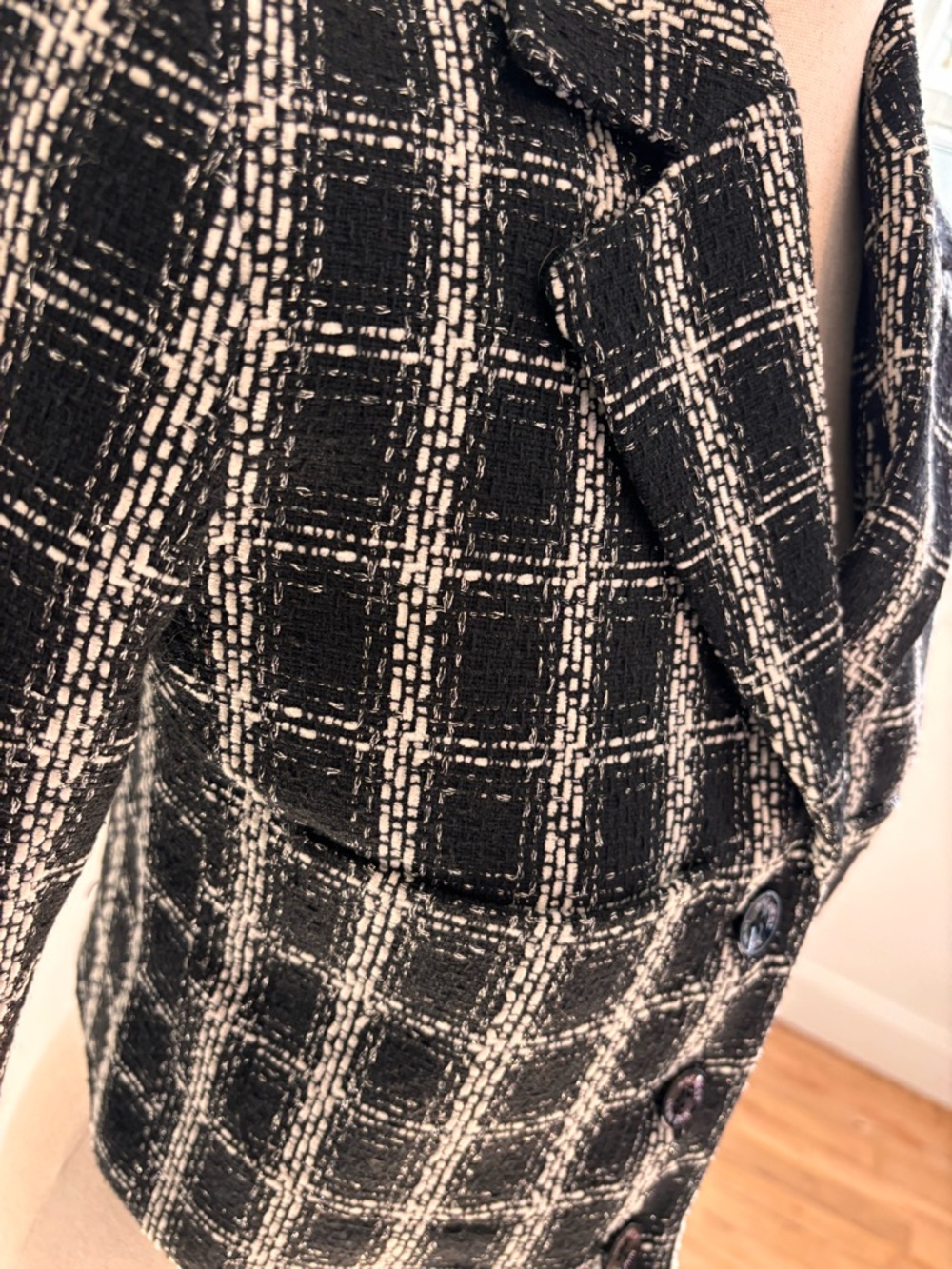 NWT Nine West XS Black White Tweed Cropped Blazer Plaid Jacket Classic Chic - Picture 4 of 6